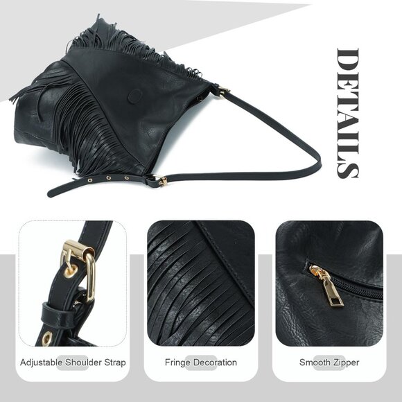 Vintage Fringe Shoulder Bag Women Pu Leather Crossbody Hobo Purse Large - Picture 3 of 6